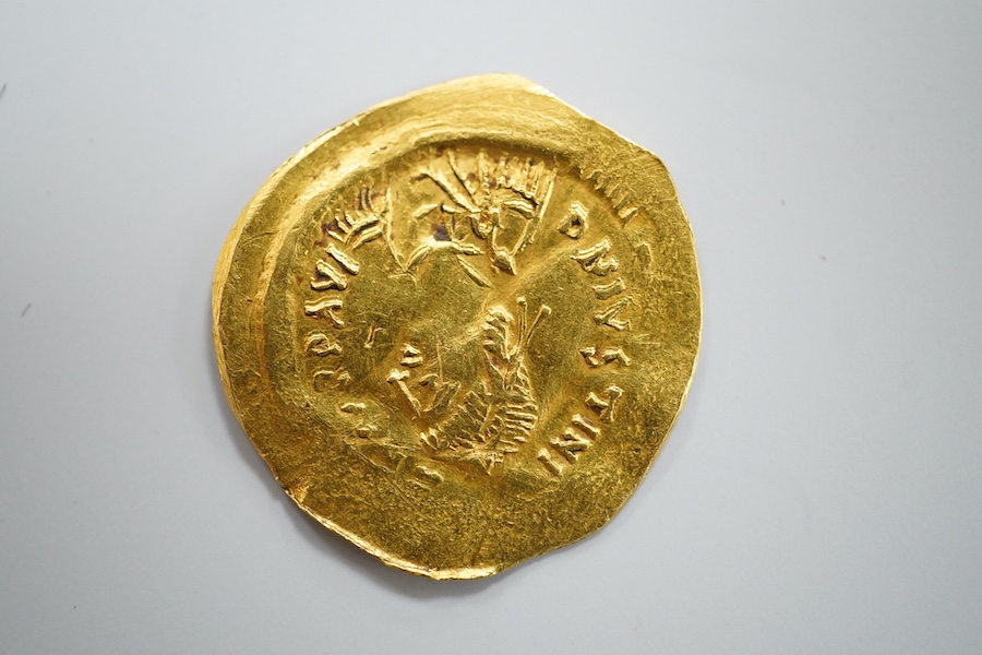 Ancient Coins, Byzantine, Justinian I (527-565 CE), gold Tremissis, obv. draped bust, rev. Victory advancing, Constantinople Mint, F, approx 1.46g